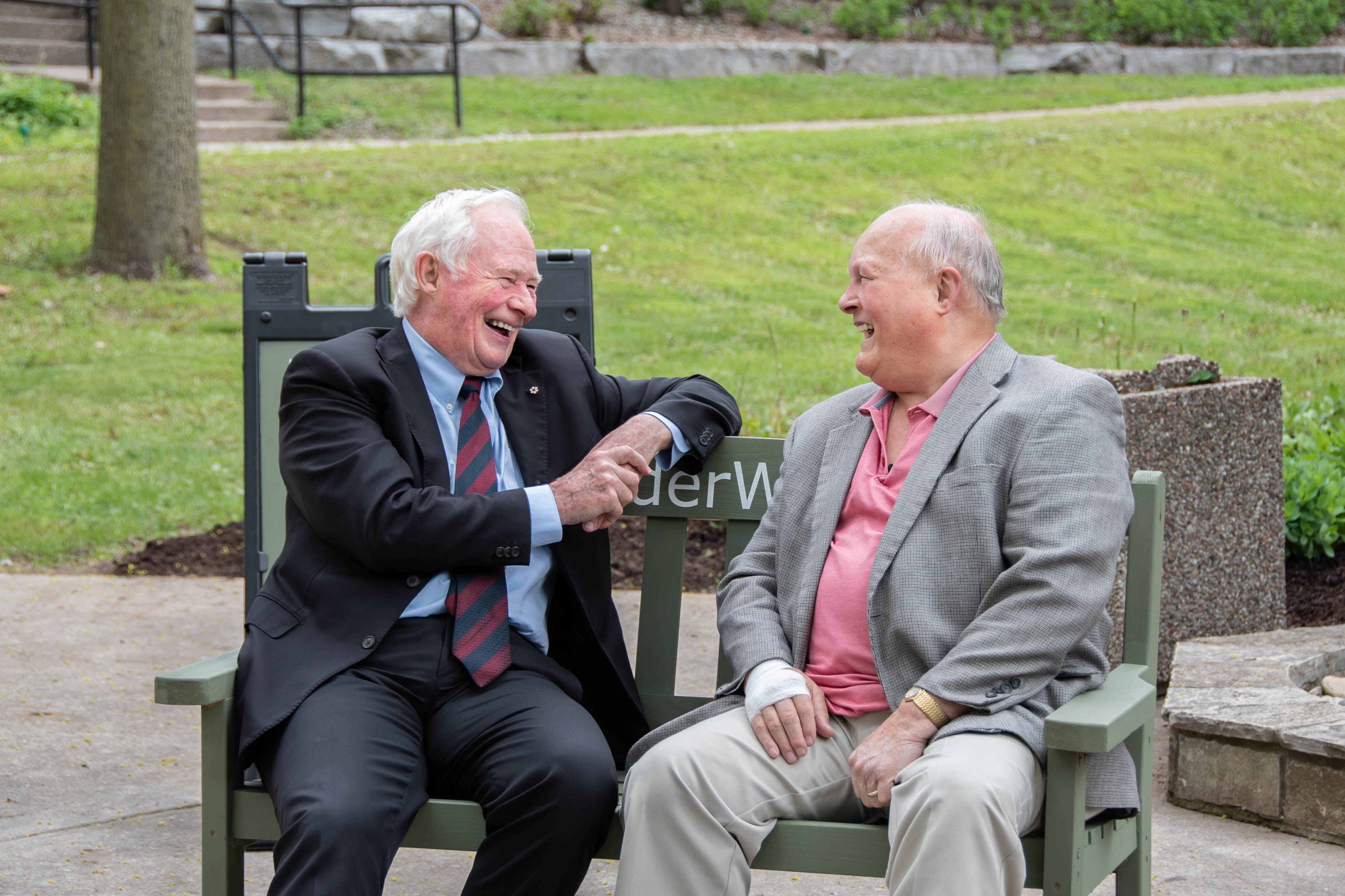 The Right Honourable David Johnston, former Governor General of Canada, and Ron Schlegel have been close for many years. They share stories and laughter upon the #ElderWisdom bench on a late spring afternoon in Guelph.