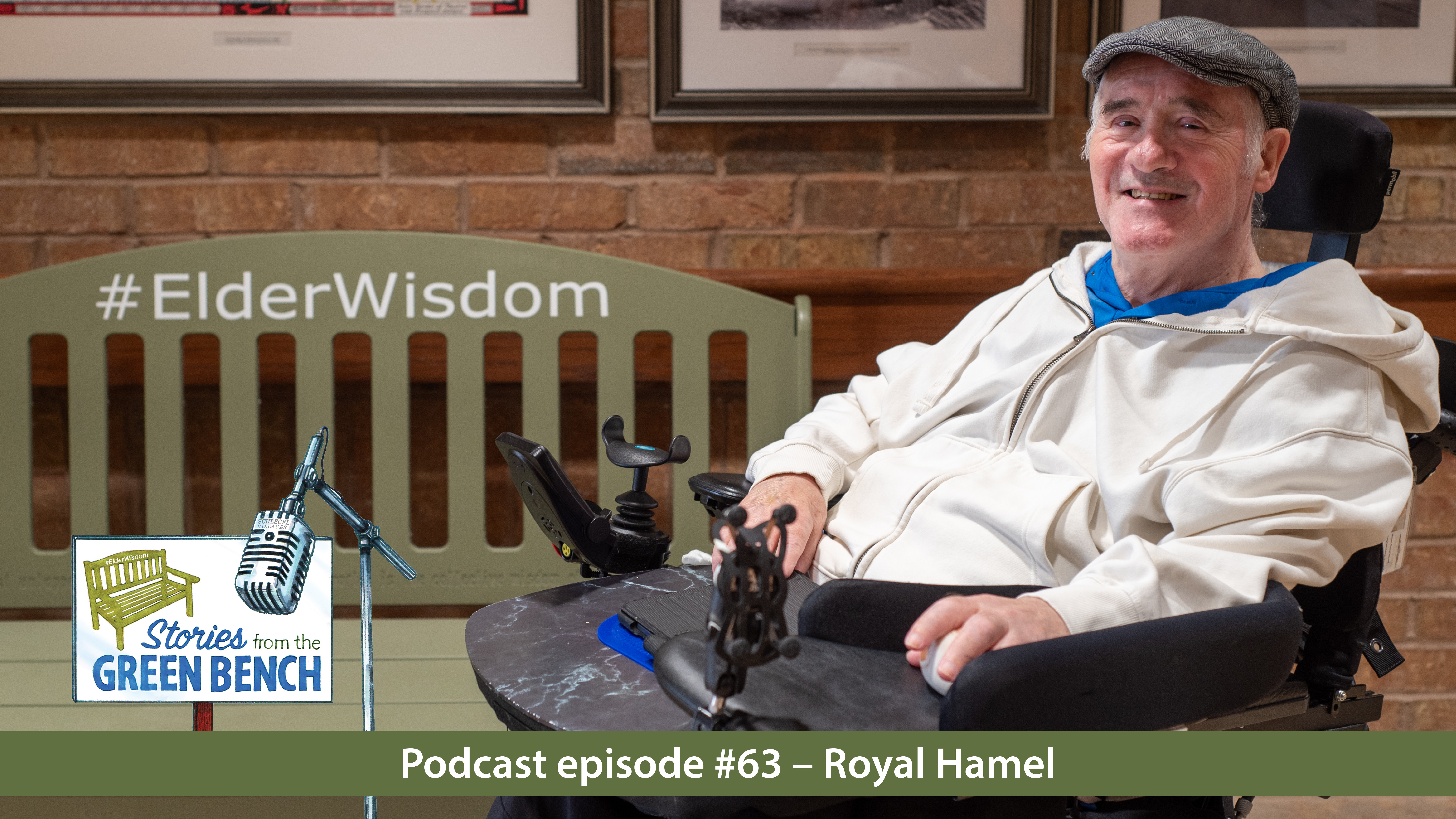 Royal Hamel sitting with the green #ElderWisdom bench in promotion of a podcast episode