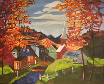 Painting of a fall scene in an small town